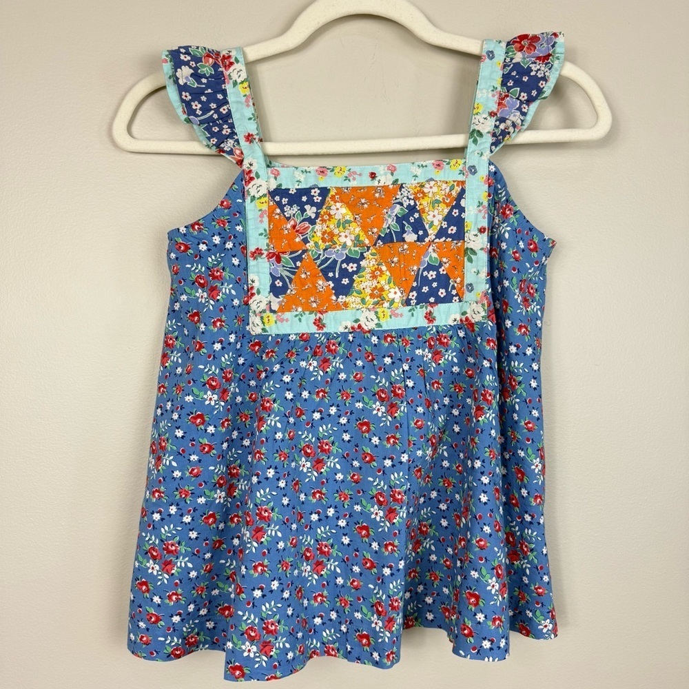 Ralph Lauren Girls Floral Print Patchwork Cotton Top Blue Preppy Shirt Pink